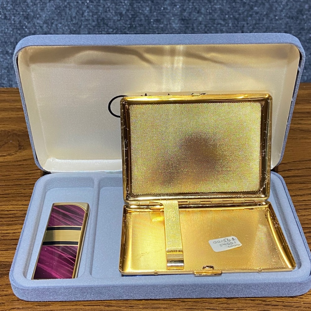Colibri Vintage Gold Tone Pink Striped Lighter and Cigarette Case Set CCM-1006-S - Picture 4 of 10